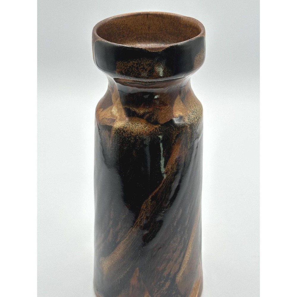 Vintage Pottery Craft USA Mid Century Modern Cylindrical Vase Brown Black Swirl